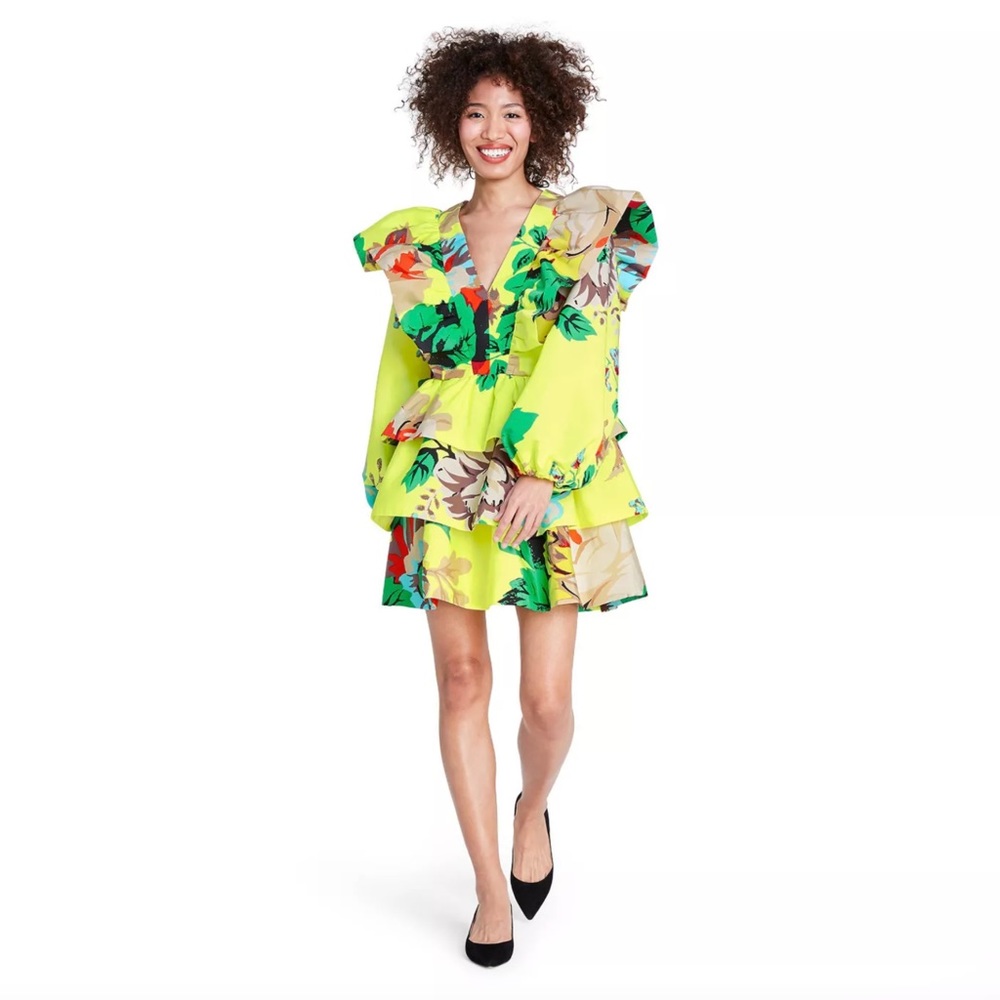 CHRISTOPHER JOHN ROGERS Target Bright Yellow Floral Puff Sleeve Ruffle Dress NWT